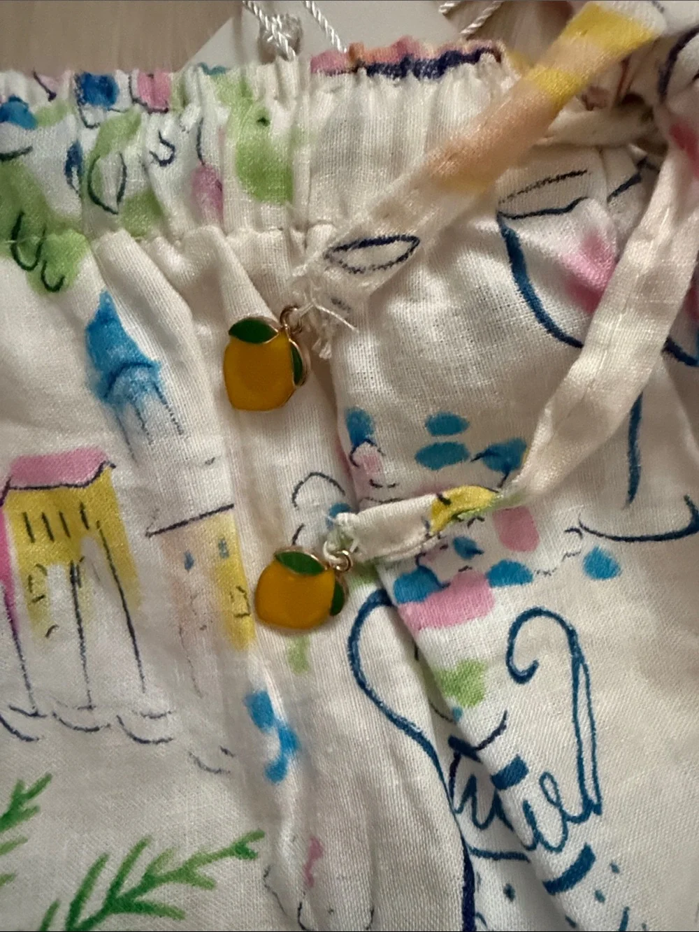 Calypso St. Barth Linen Blend Cream Drawstring Skirt with Pastel Floral Accents